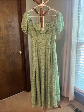 Green Floral Midi Dress Puff Sleeve Cottage Core Dress